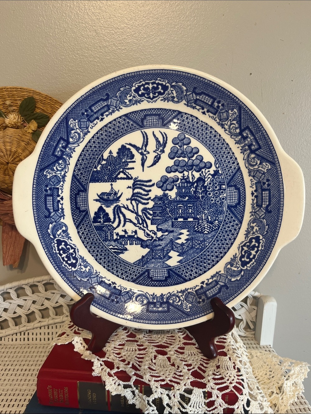 Vintage Blue and White Ceramic Serving Platter - Blue Willow Pattern